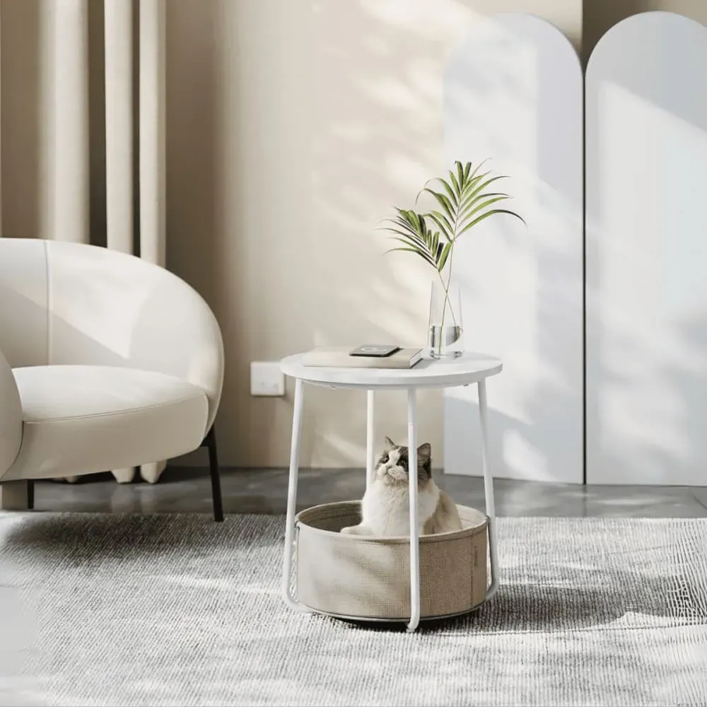 Illustration numéro 2 du produit Bout de canapé rond avec panier de rangement - H51 cm - Blanc