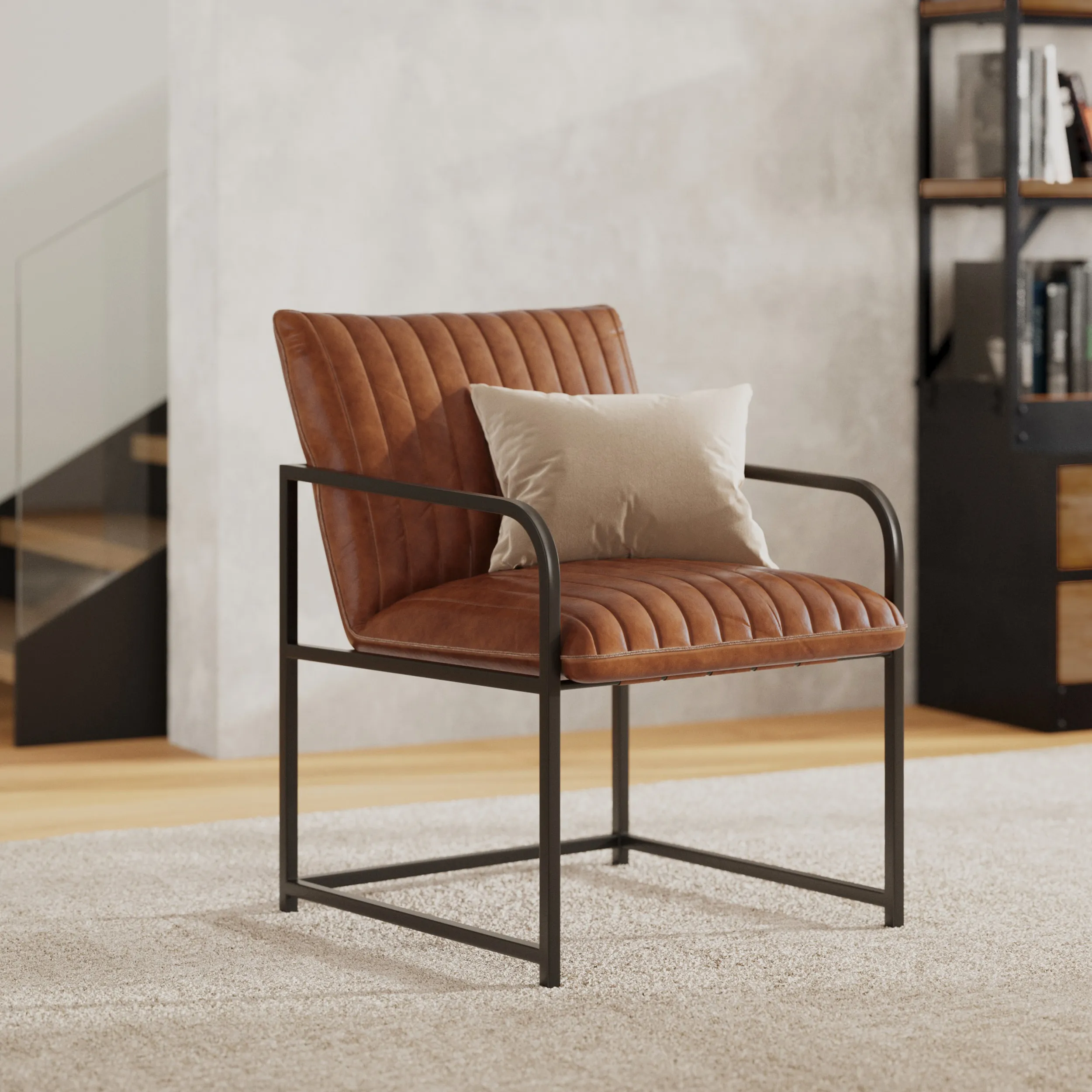 Illustration numéro 2 du produit Fauteuil en cuir de buffle marron et métal noir