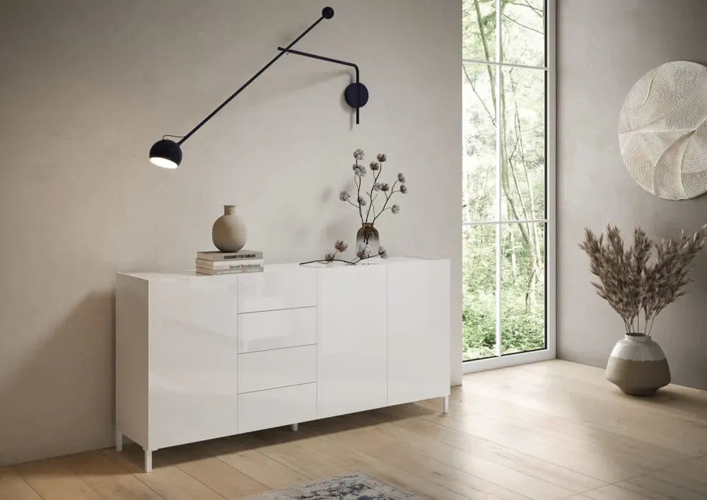 Illustration numéro 2 du produit Buffet bas 3 portes et 4 tiroirs 174x40x84cm effet bois blanc brillant