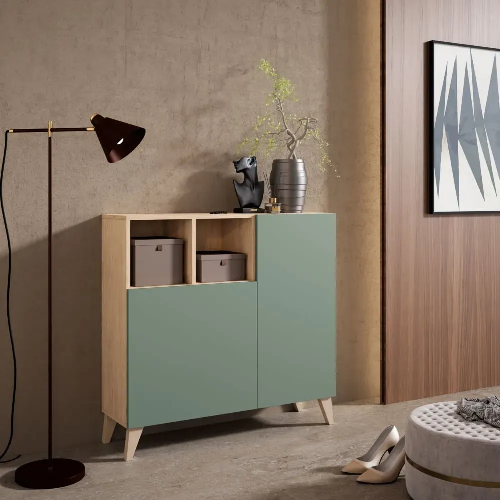 Illustration numéro 2 du produit Meuble à chaussures en mélamine chêne clair portes vertes 87x90x27 cm
