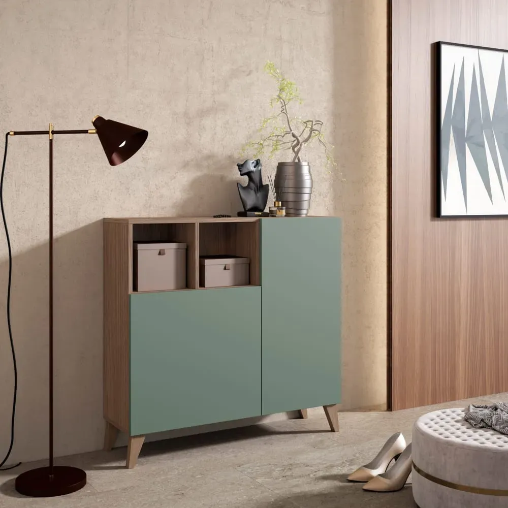 Illustration numéro 2 du produit Meuble à chaussures en mélamine noyer portes vertes 87x90x27 cm