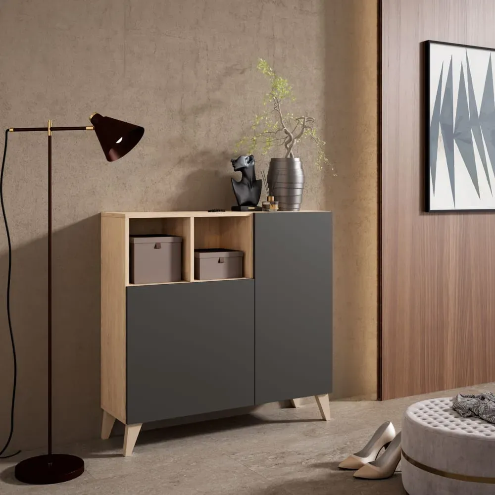 Illustration numéro 2 du produit Meuble à chaussures, mélamine chêne clair portes graphite 87x90x27