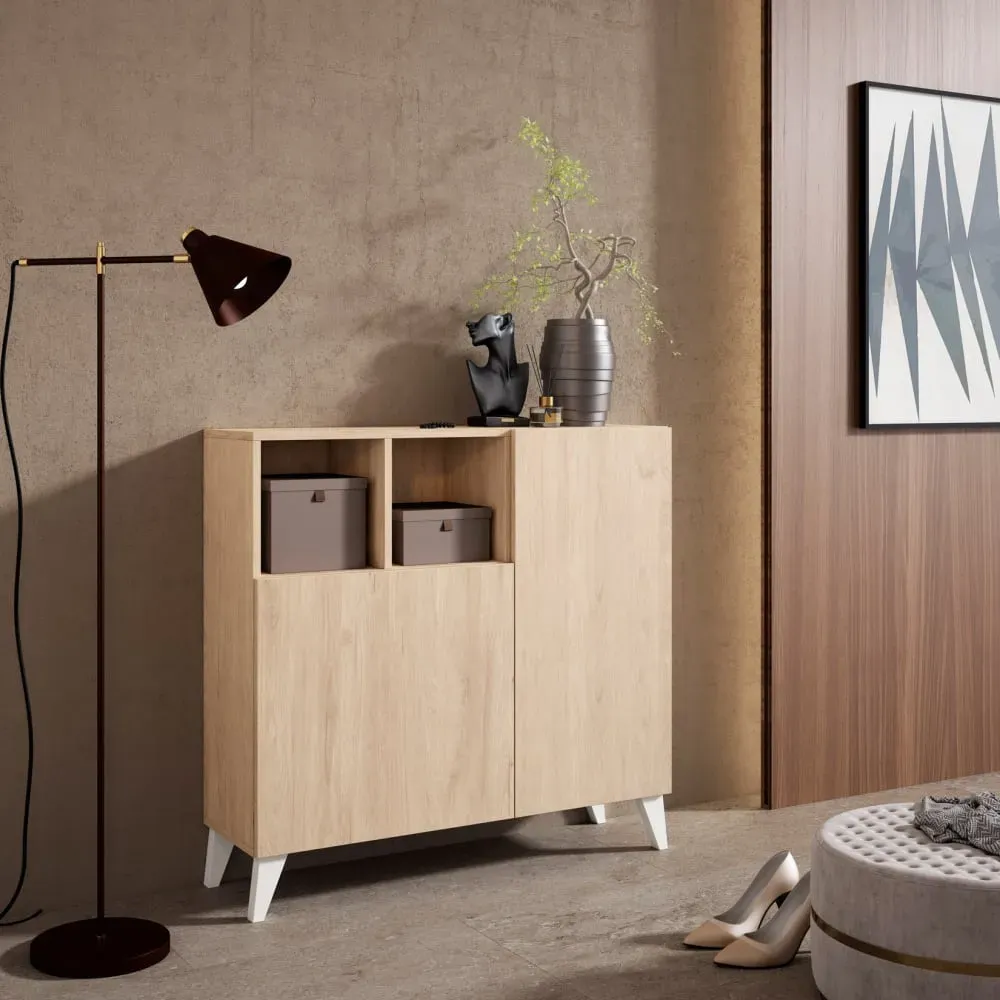 Illustration numéro 2 du produit Meuble à chaussures en mélamine chêne clair pieds blancs 87x90x27 cm