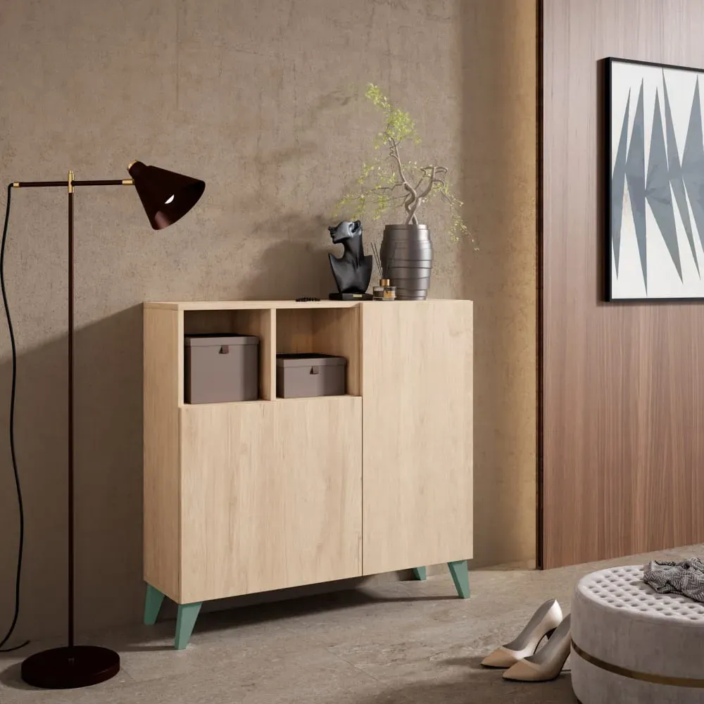 Illustration numéro 2 du produit Meuble à chaussures en mélamine chêne clair pieds verts 87x90x27 cm