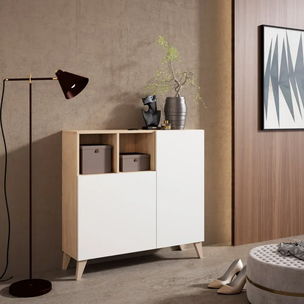 Illustration numéro 2 du produit Meuble à chaussures, mélamine chêne clair portes blanches 87x90x27