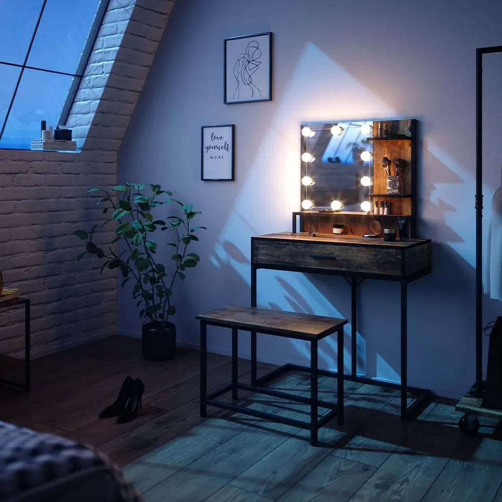 Illustration numéro 2 du produit Coiffeuse avec éclairage LED et chaise, Bois antique 80 x 135.5cm