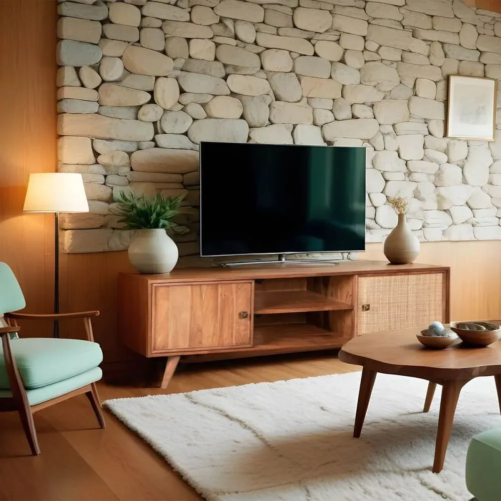 Illustration numéro 2 du produit Meuble  tv 2 portes 2 niches en acacia finition teinté teck avec plaqu