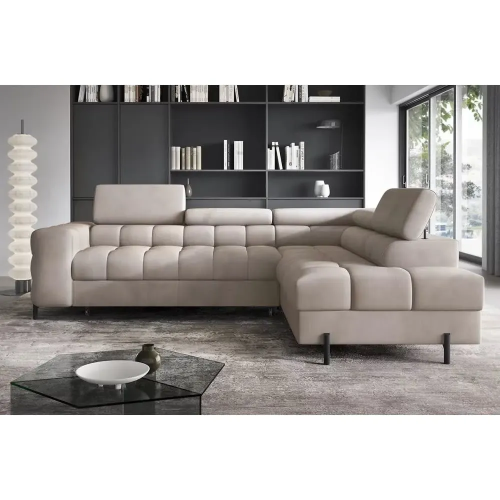 Illustration numéro 2 du produit Canapé d'angle droit convertible en velours beige 5 places