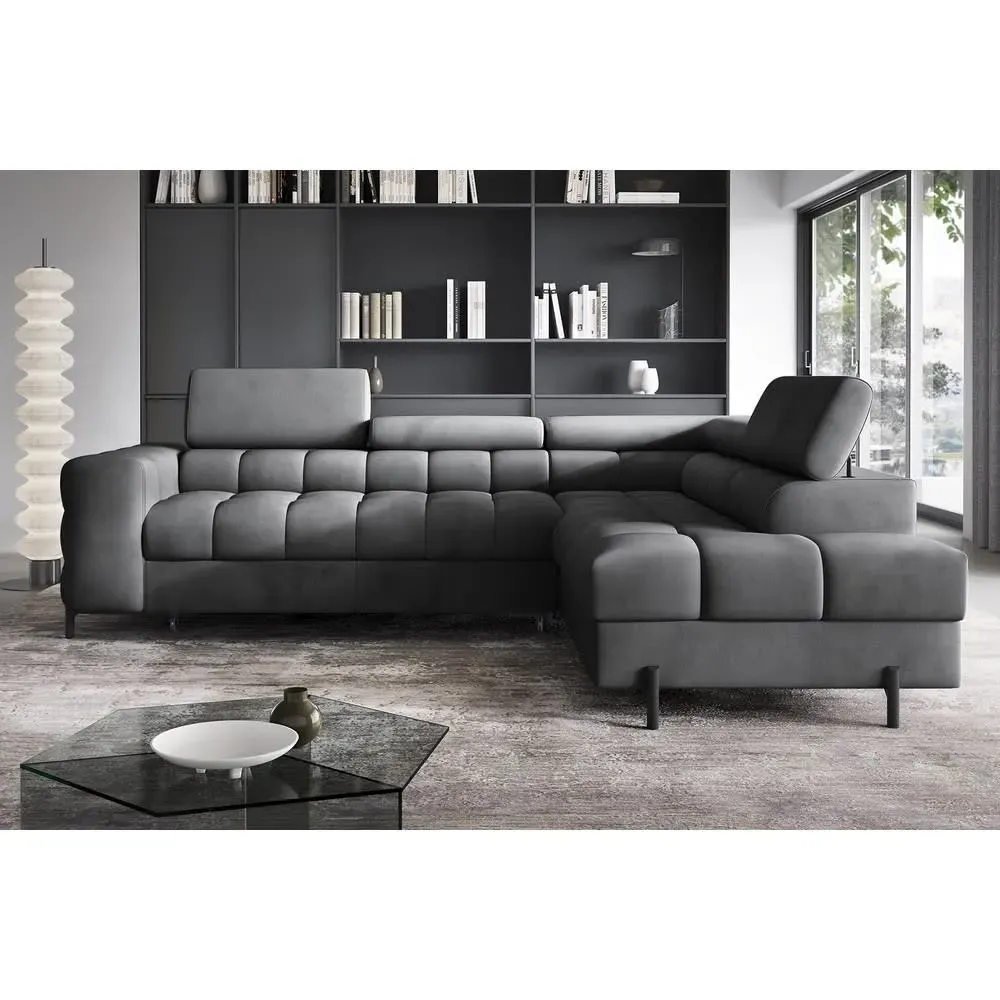 Illustration numéro 2 du produit Canapé d'angle droit convertible velours anthracite 5 places