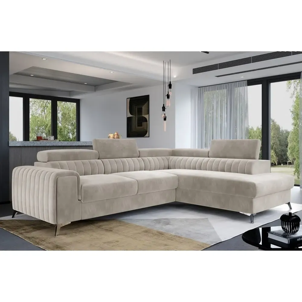 Illustration numéro 2 du produit Canapé d'angle droit convertible en velours beige 5 places