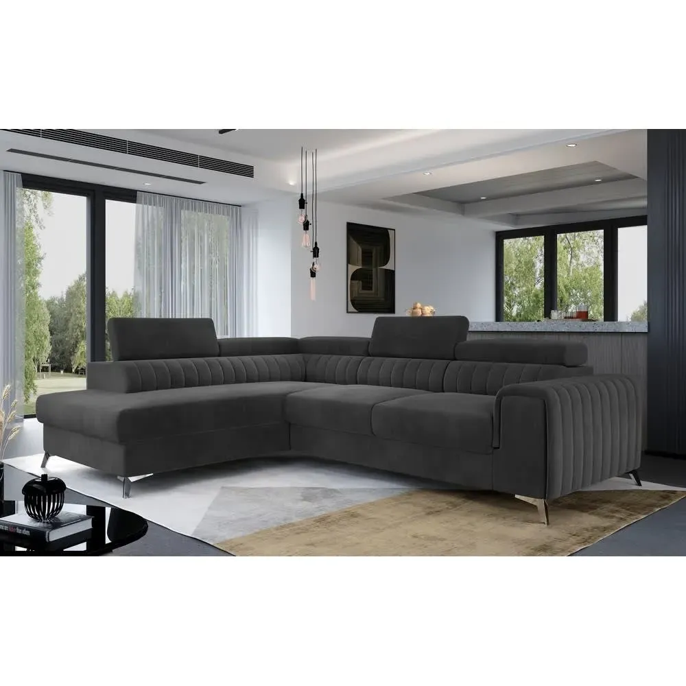 Illustration numéro 2 du produit Canapé d'angle gauche convertible en velours gris foncé 5 places