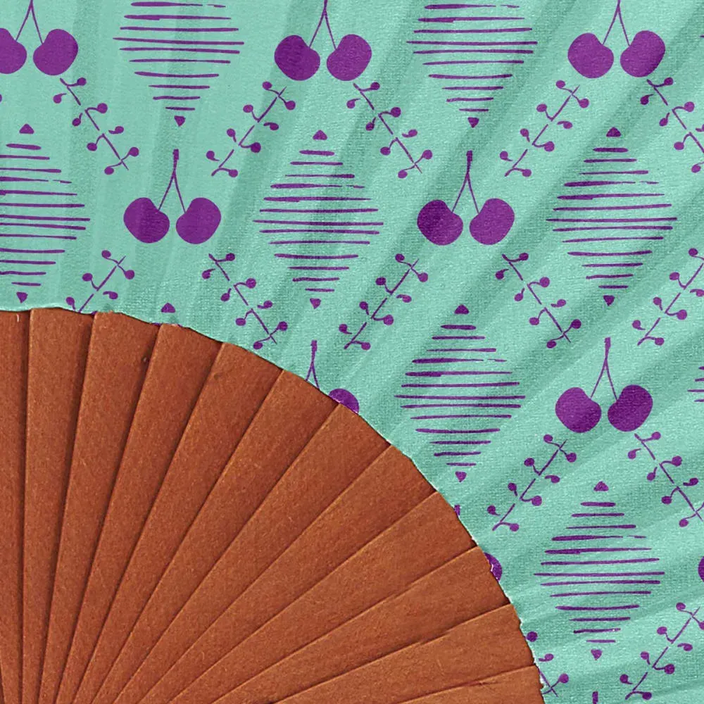Illustration numéro 2 du produit Eventail bois de merisier motif cerises mauve
