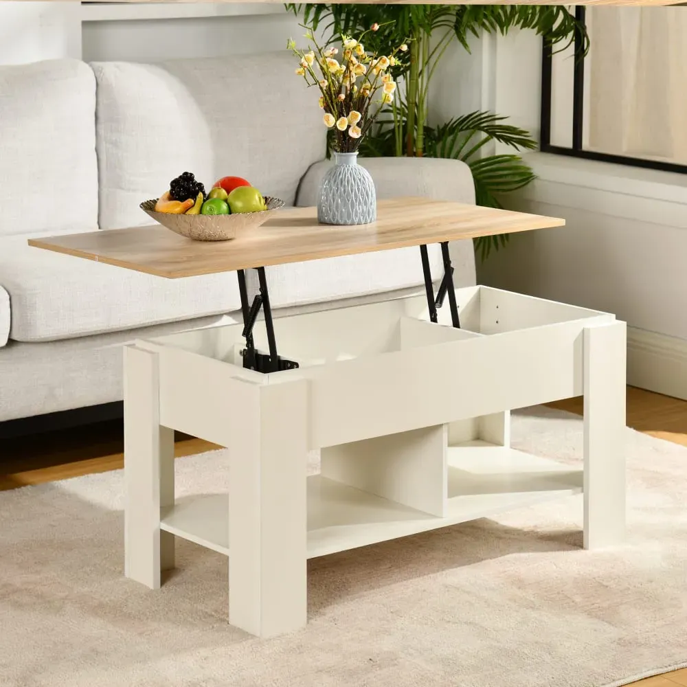 Illustration numéro 2 du produit Table basse avec plateau relevable effet bois et blanc