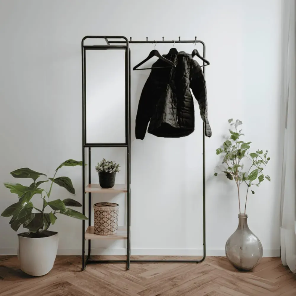 Illustration numéro 2 du produit Vestiaire en métal laqué 6 crochets avec miroir H185 cm - Noir