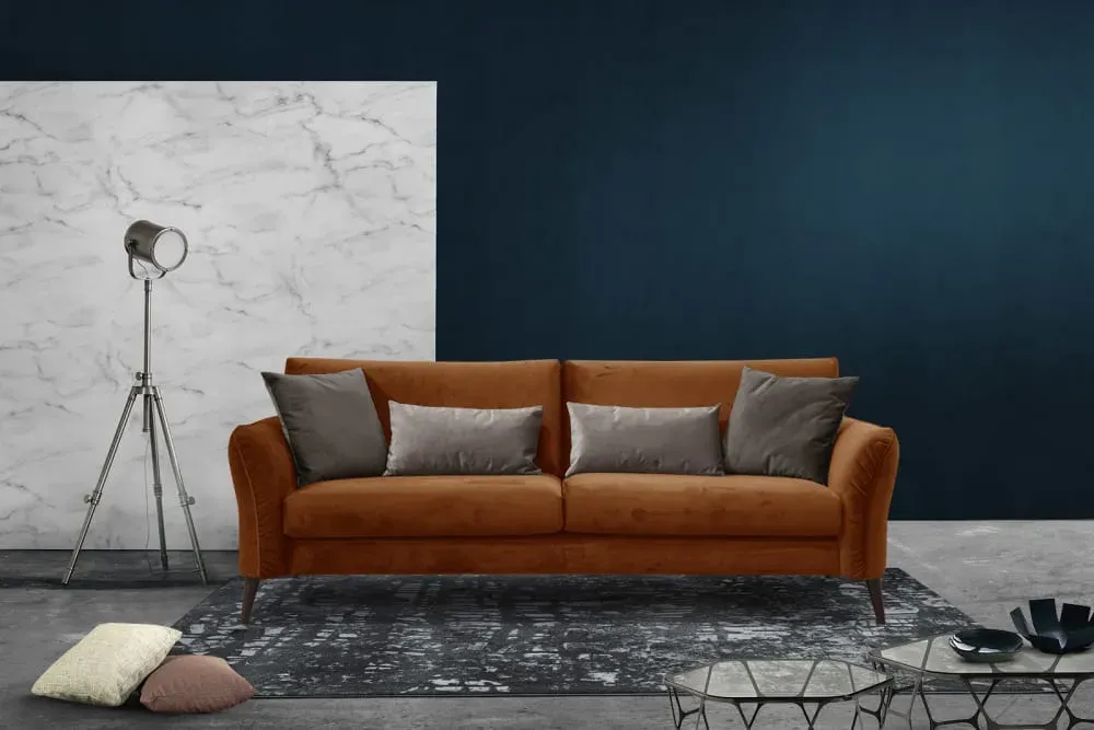 Illustration numéro 2 du produit Canapé droit 3 places avec coussins tissu orange