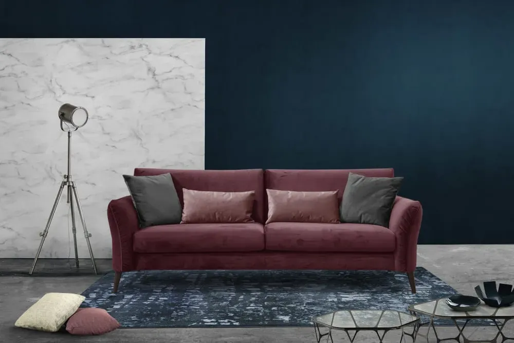 Illustration numéro 2 du produit Canapé droit 3 places avec coussins tissu bordeaux