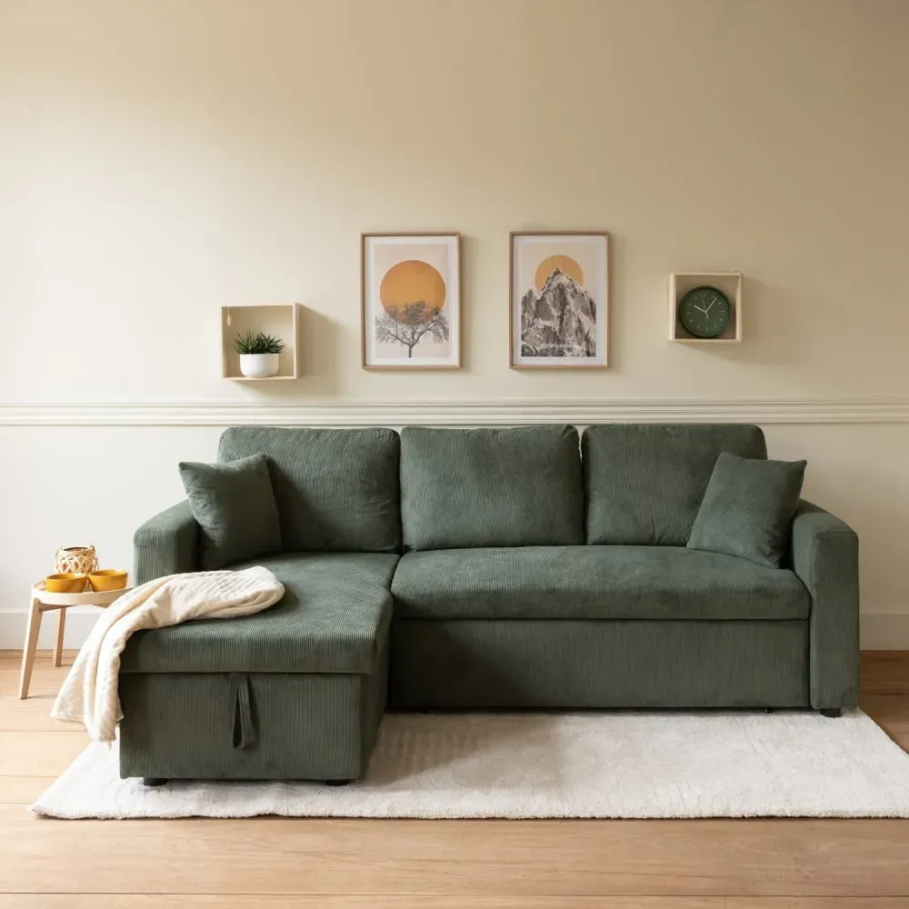 Illustration numéro 2 du produit Canapé d'angle convertible 3 places en velours côtelé vert
