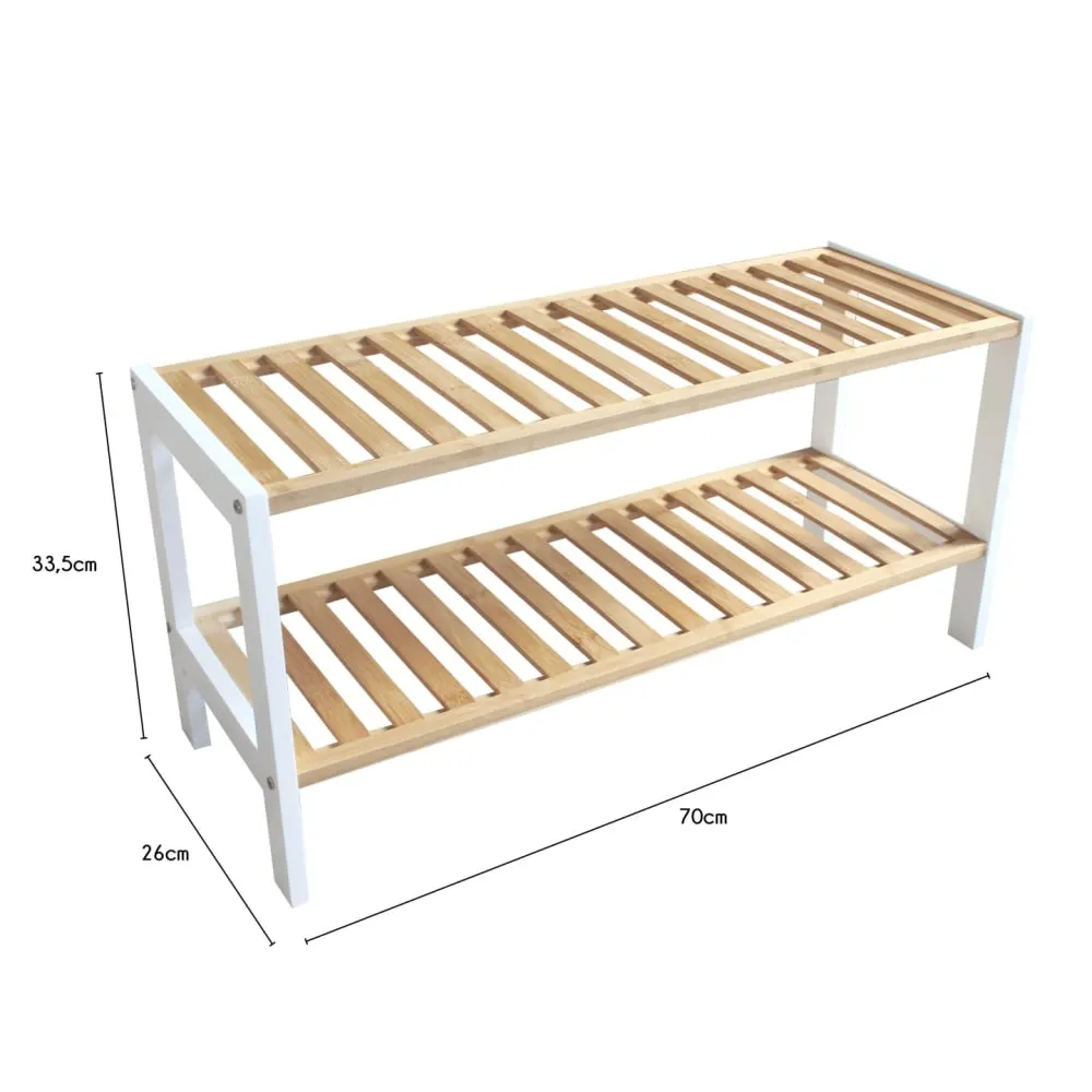 Illustration numéro 2 du produit Étagère à chaussures avec 2 niveaux en bambou blanc 70 x 26 x 33,5 cm