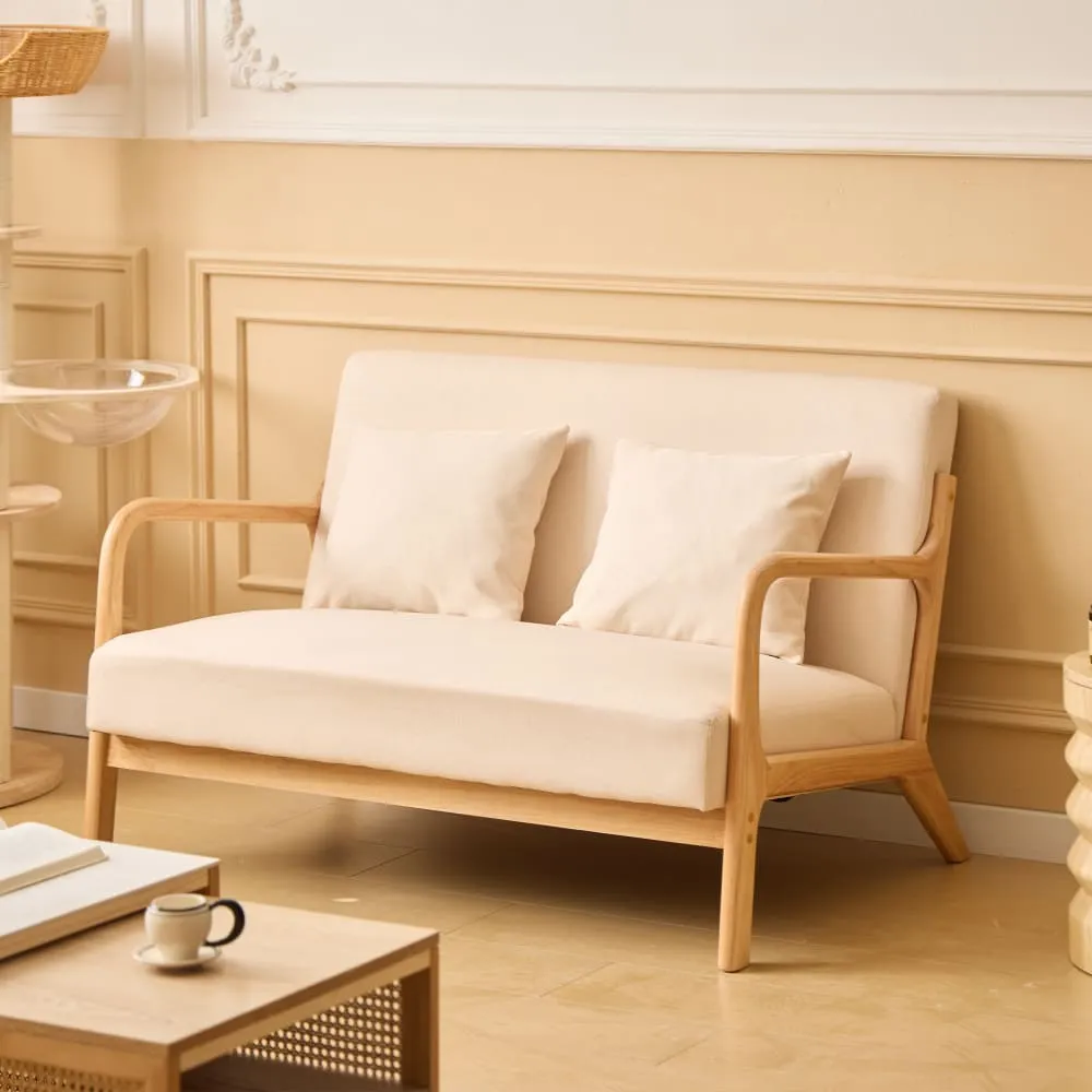 Illustration numéro 2 du produit Banquette scandinave 2 places en bois et tissu beige
