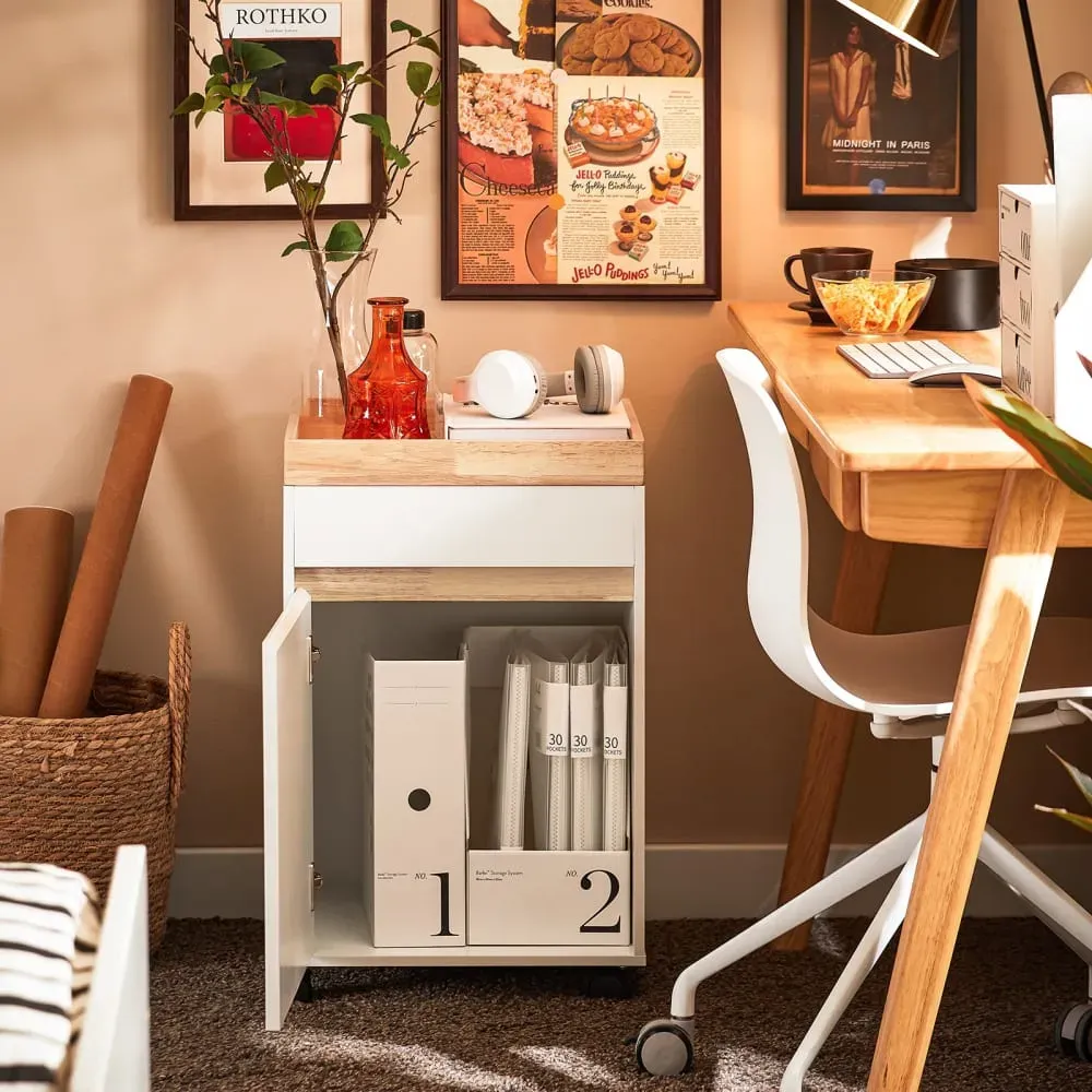 Illustration numéro 2 du produit Caisson de bureau à roulettes effet bois blanc