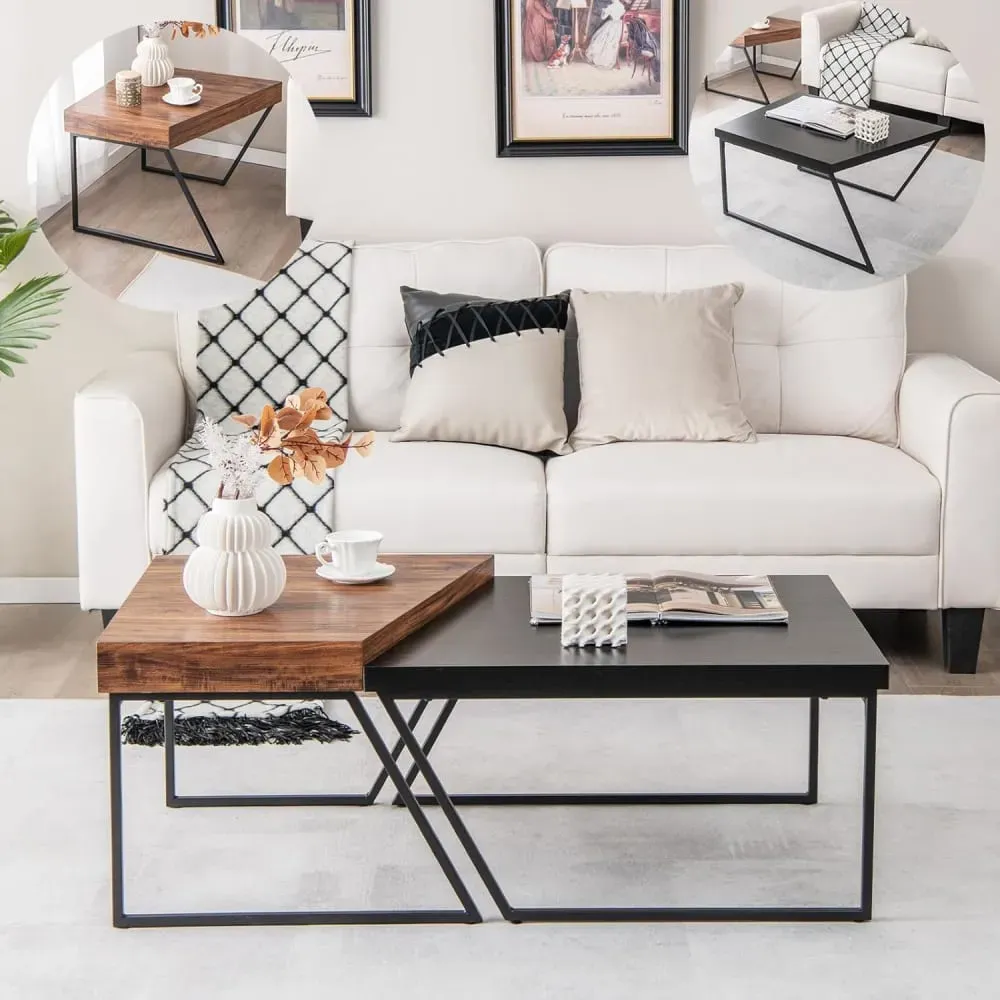 Illustration numéro 2 du produit Tables basses de style industriel vintage gigogne noir 120x60x46cm