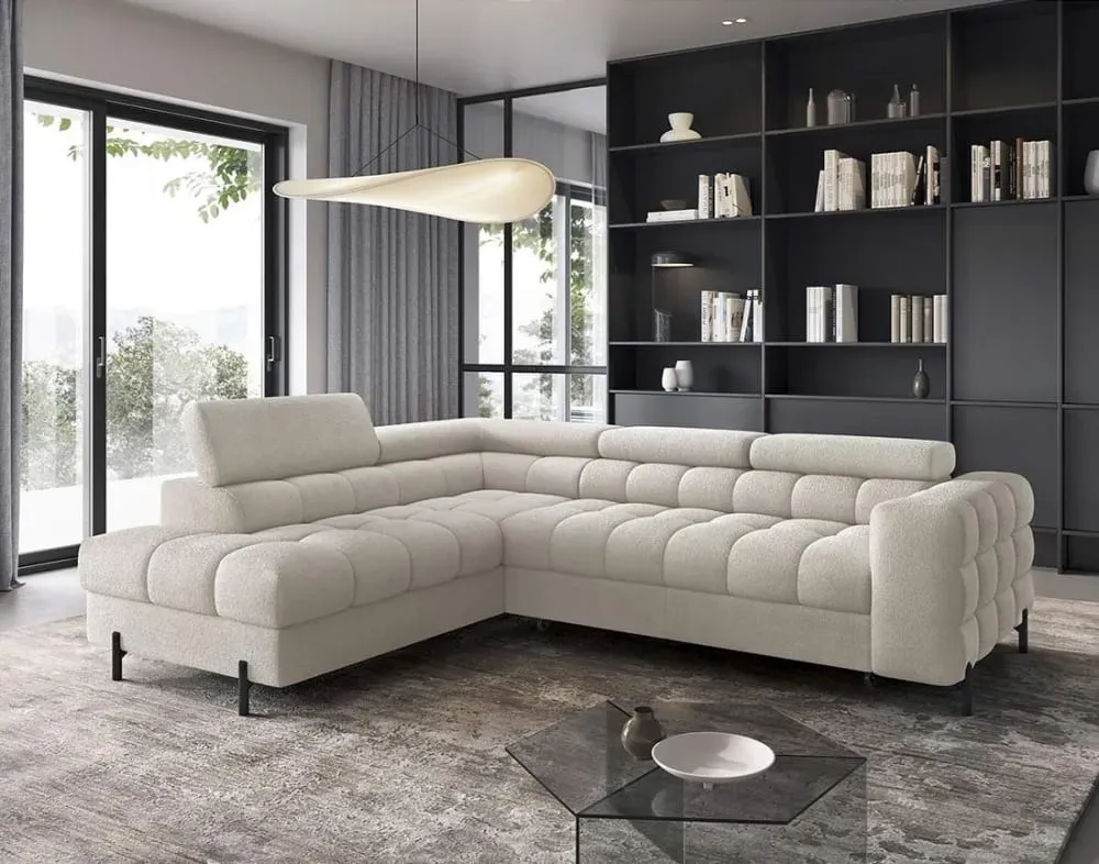 Illustration numéro 2 du produit Canapé d'angle gauche convertible 5 places en tissu bouclette beige