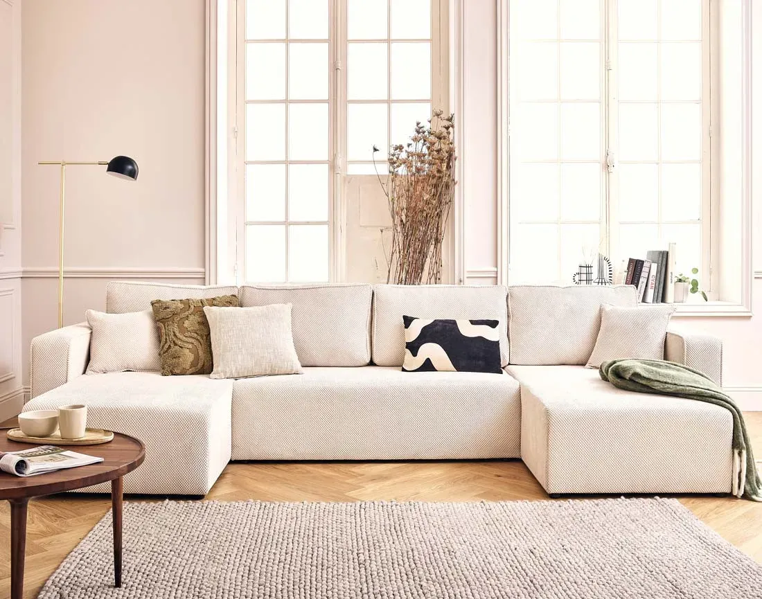 Illustration numéro 2 du produit Canapé panoramique 7 places En U en Velours texturé Beige