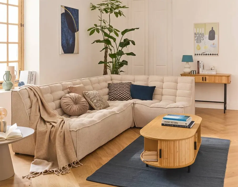 Illustration numéro 2 du produit Canapé modulable 4 places angle réversible en velours texturé beige
