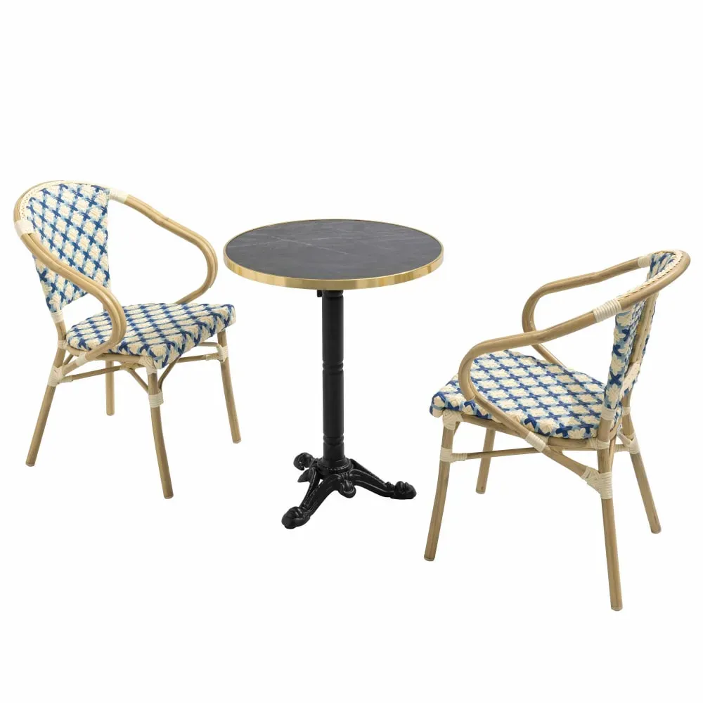 Illustration numéro 2 du produit Ensemble table de terrasse marbre noir et 2 chaises bleu