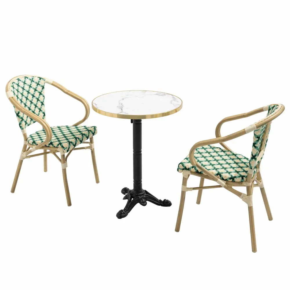 Illustration numéro 2 du produit Ensemble table de terrasse marbre blanc et 2 chaises vert