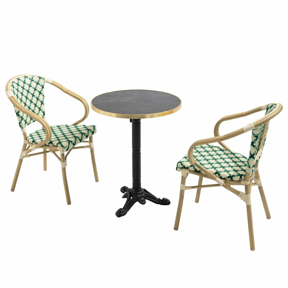 Illustration numéro 2 du produit Ensemble table de terrasse marbre noir et 2 chaises vert