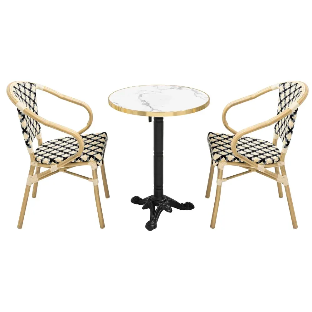 Illustration numéro 2 du produit Ensemble table de terrasse marbre blanc et 2 chaises noir