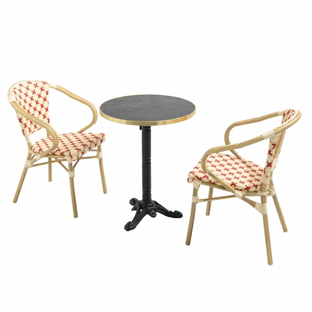 Illustration numéro 2 du produit Ensemble table de terrasse marbre noir et 2 chaises rouge
