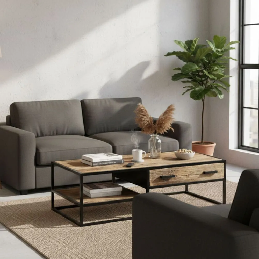 Illustration numéro 2 du produit Table basse 1 tiroir en teck recyclé et métal