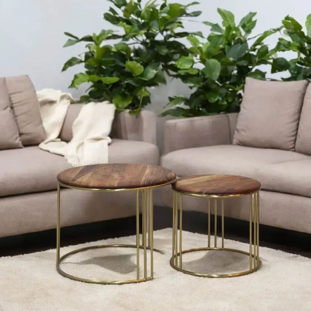 Illustration numéro 2 du produit Lot  de 2 tables gigogne plateau en acacia massif piètement acier doré