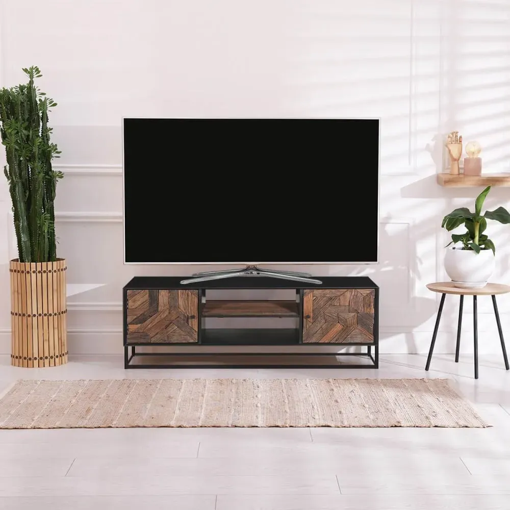 Illustration numéro 2 du produit Meuble  tv 2 portes 2 niches en métal noir et bois recyclé