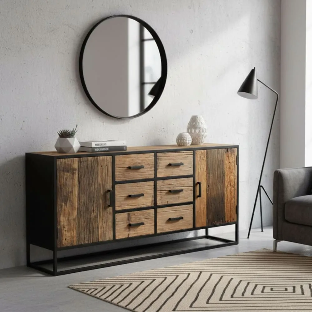 Illustration numéro 2 du produit Buffet 2 portes 6 tiroirs en teck recyclé et métal