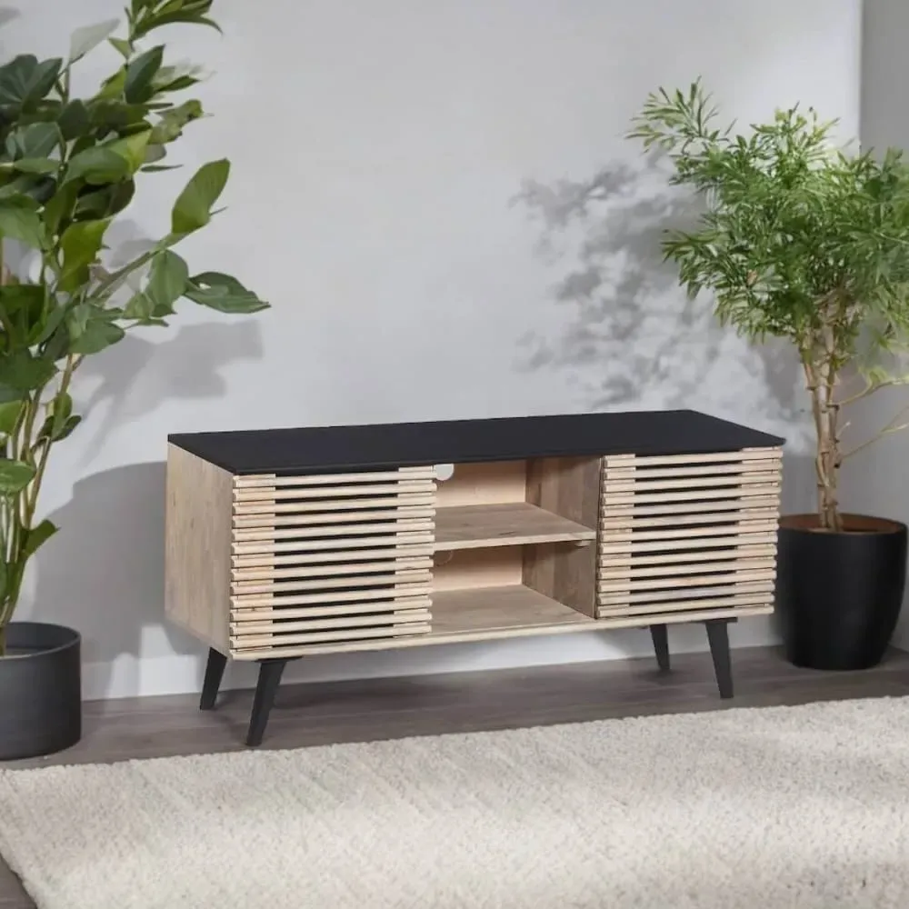 Illustration numéro 2 du produit Meuble  tv en manguier massif et noir façades ajourées coulissantes