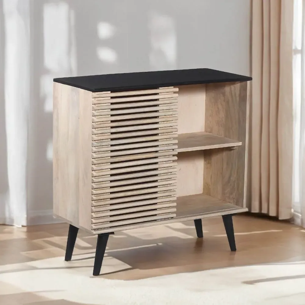 Illustration numéro 2 du produit Meuble  d'entrée en manguier massif et noir façade ajourée coulissante