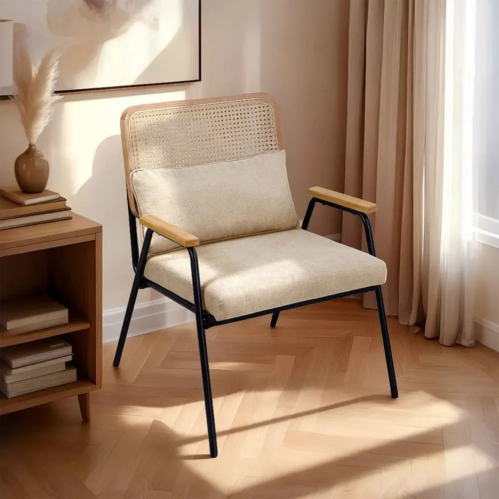 Illustration numéro 2 du produit Fauteuil relax en acier, rotin synthétique et tissu écru