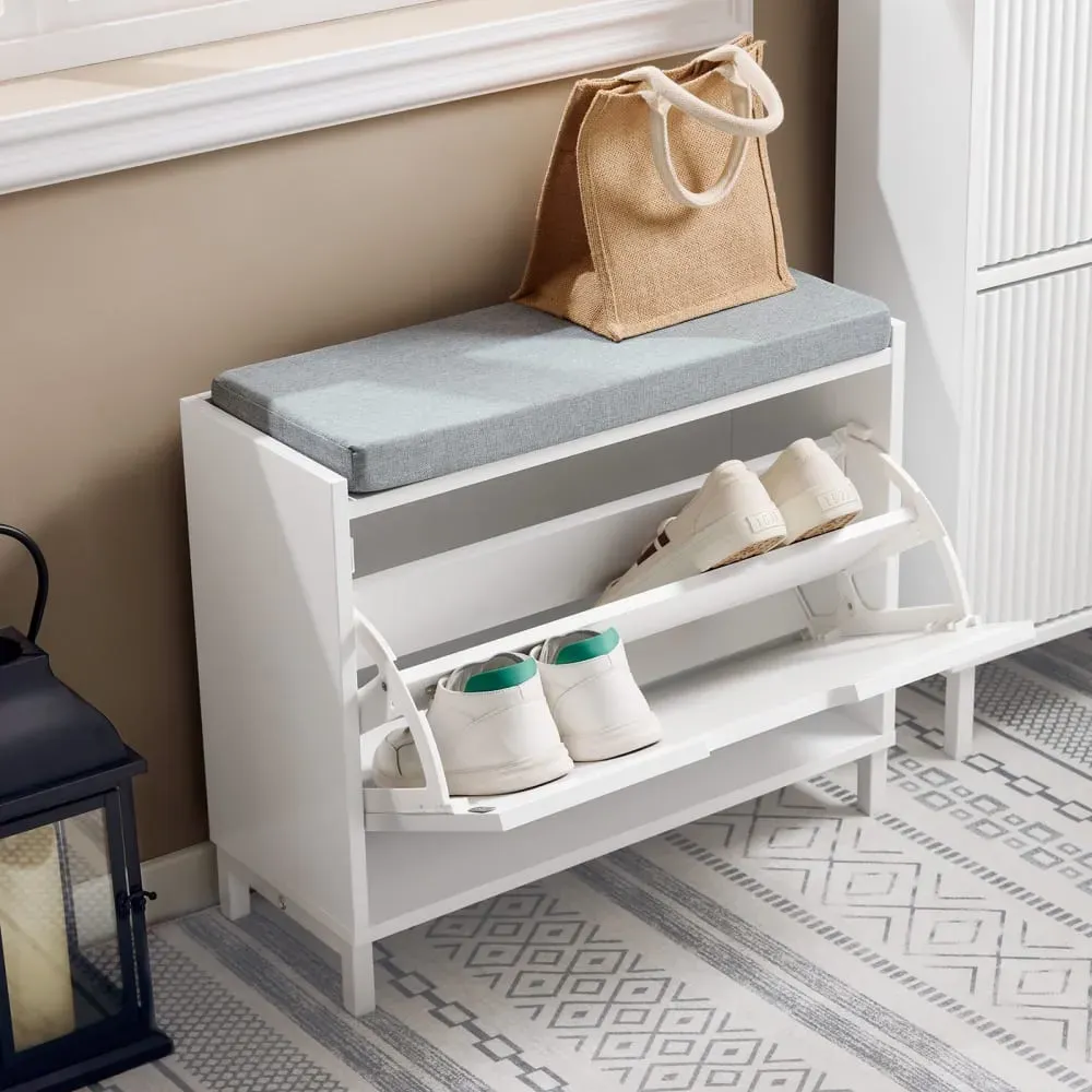 Illustration numéro 2 du produit Banc à chaussures effet bois blanc avec siège rembourré et 1 abattant