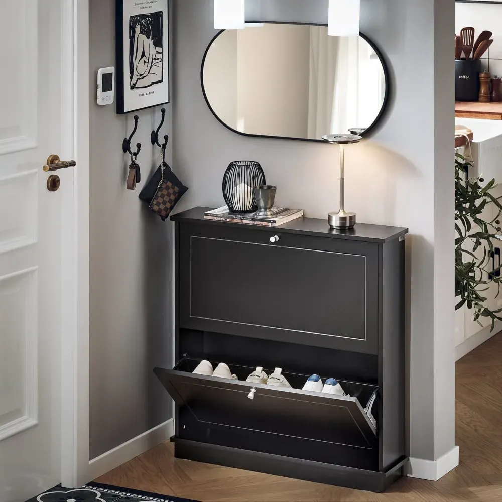 Illustration numéro 2 du produit Meuble à chaussures effet bois noir avec 2 abattants