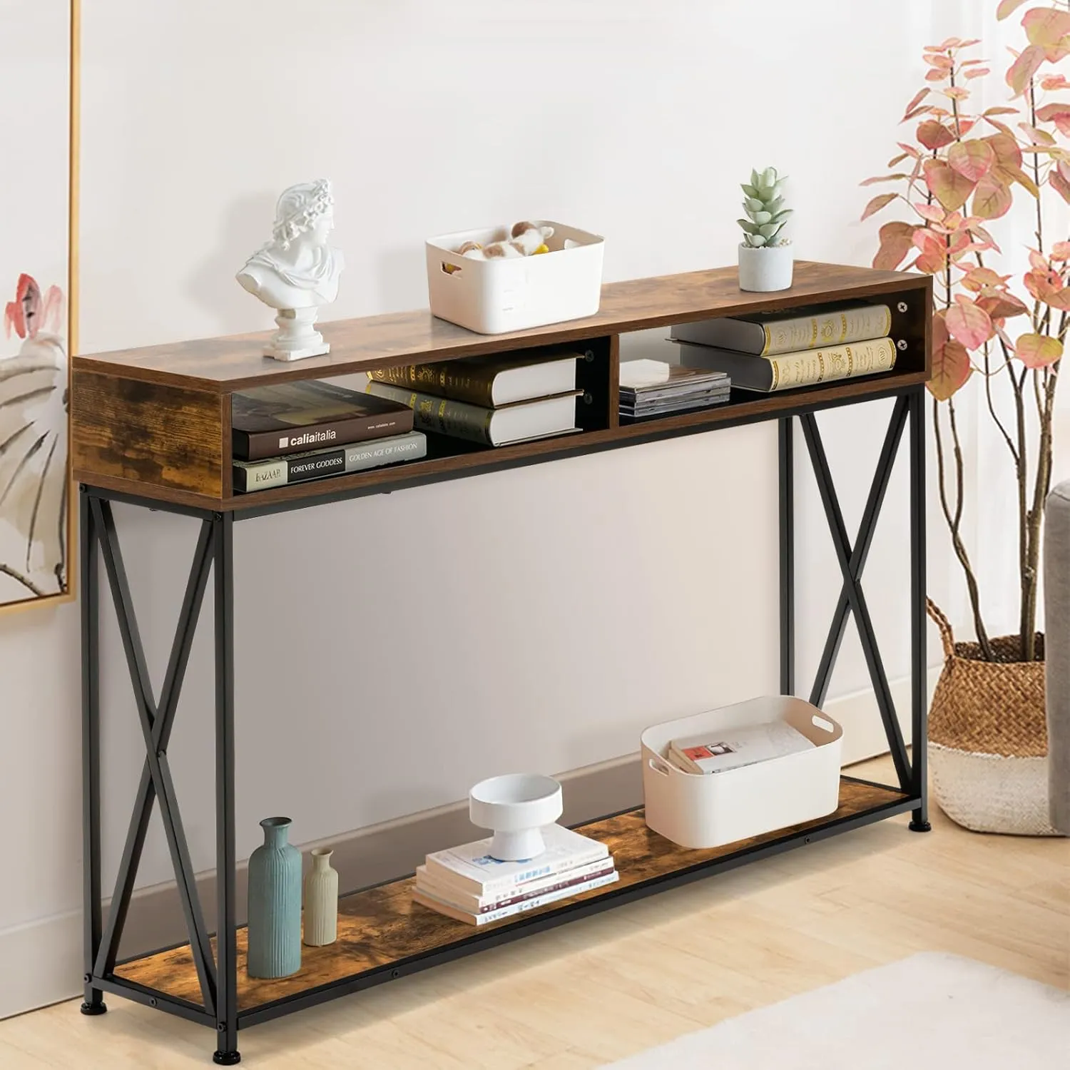 Illustration numéro 2 du produit Table console industrielle couleur café 120x23x79 cm