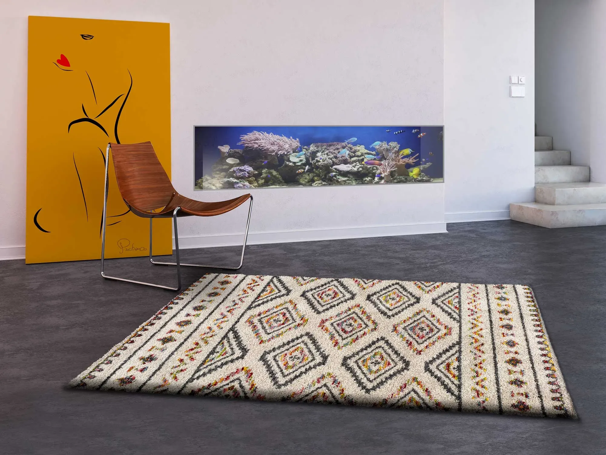 Illustration numéro 2 du produit Tapis shaggy ethnique beige/multicolore 80x150 cm