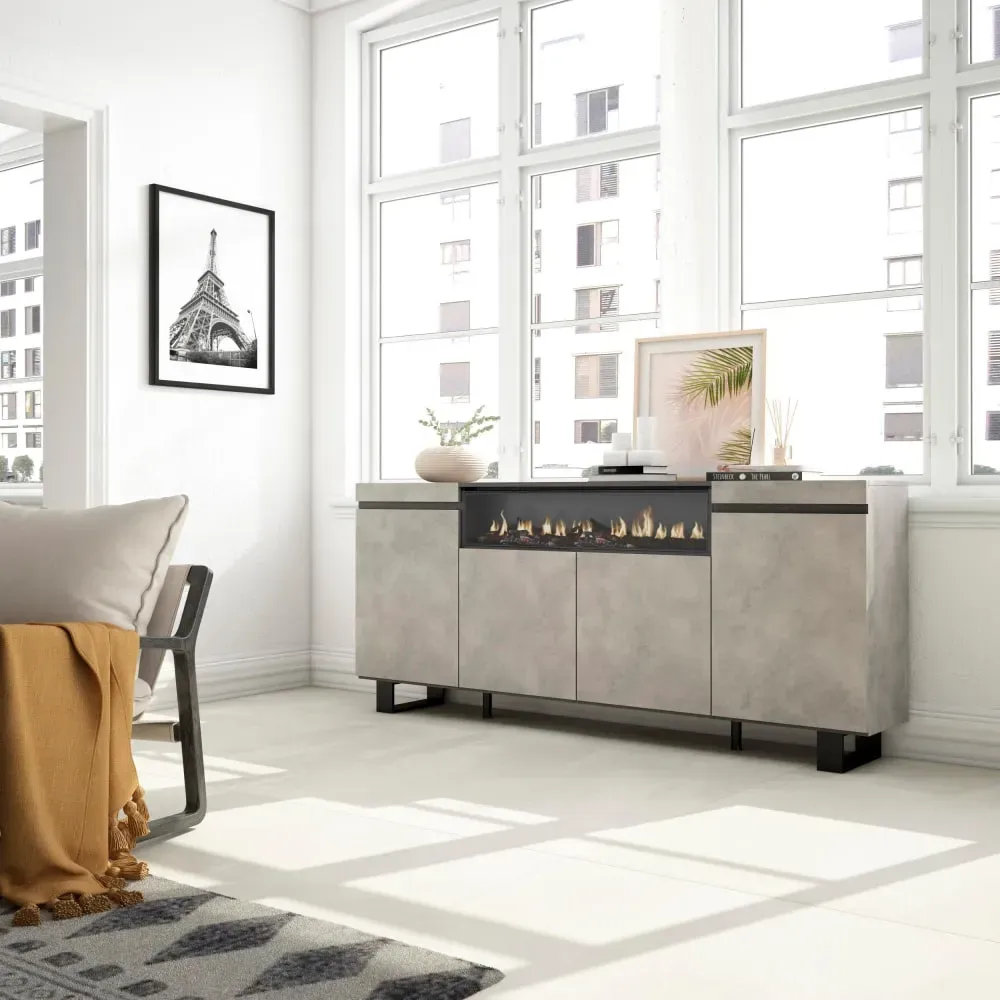 Illustration numéro 2 du produit Buffet effet bois ciment 200x35x87cm cheminée effet feu