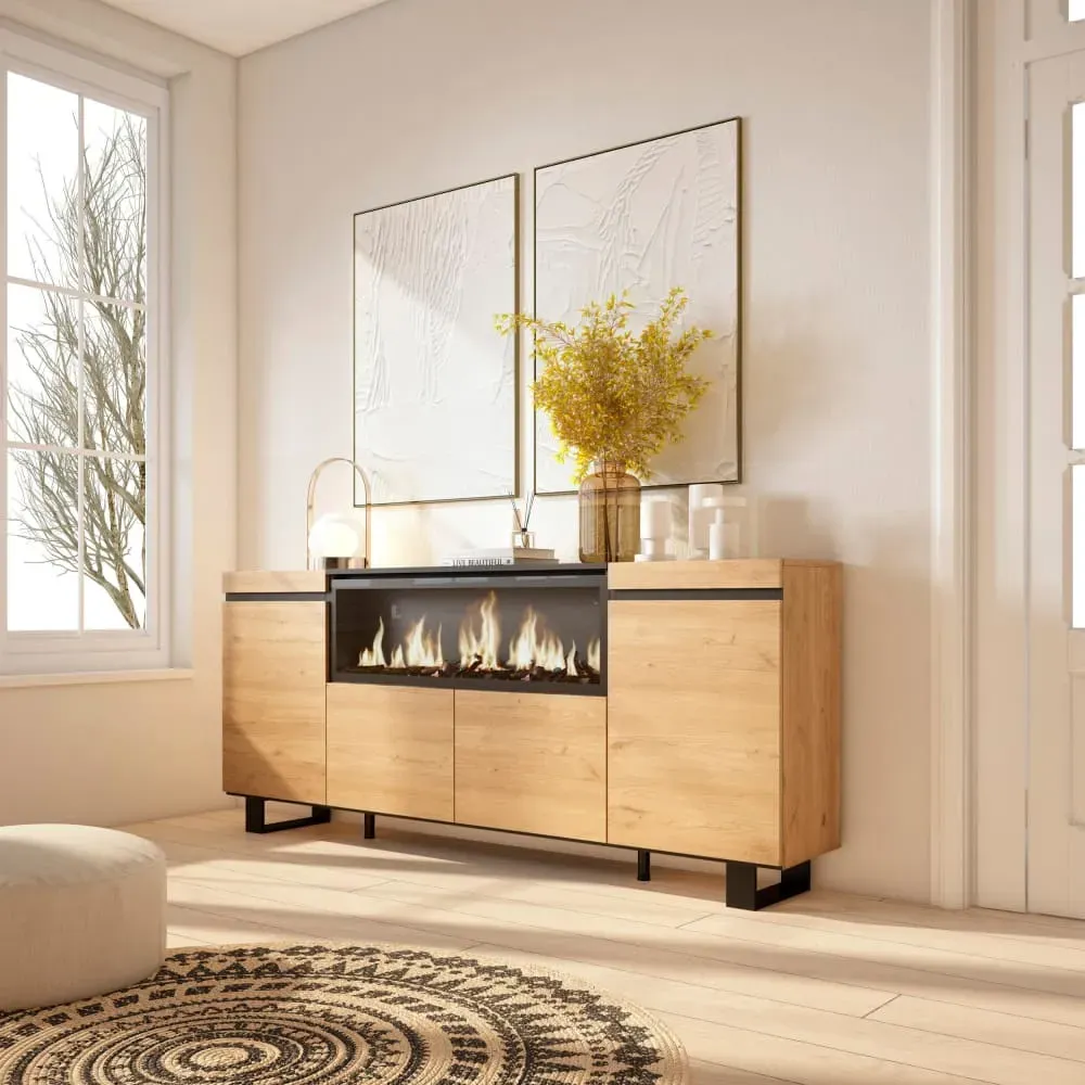 Illustration numéro 2 du produit Buffet effet bois de chêne 208x35x87cm cheminée effet feu XXL