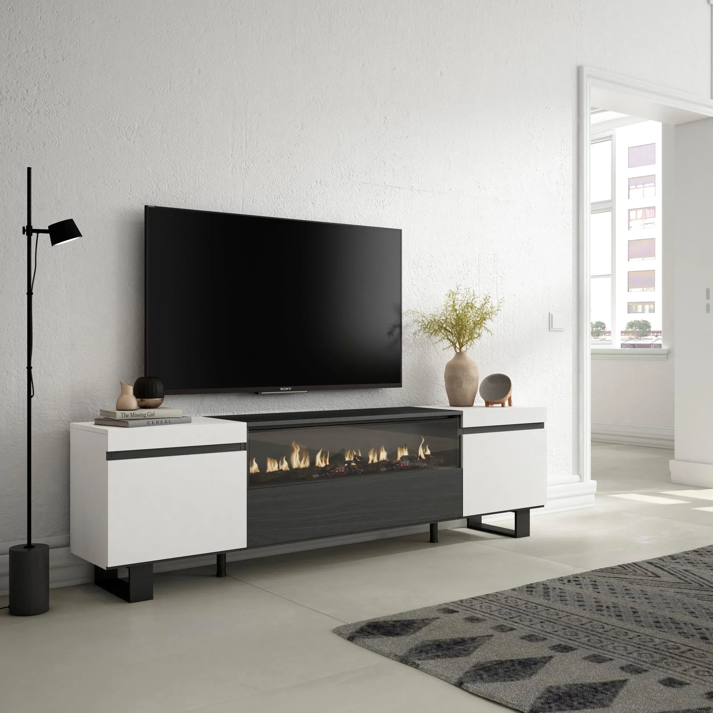 Illustration numéro 2 du produit Meuble tv effet bois blanc et noir 200x35x57cm cheminée effet feu