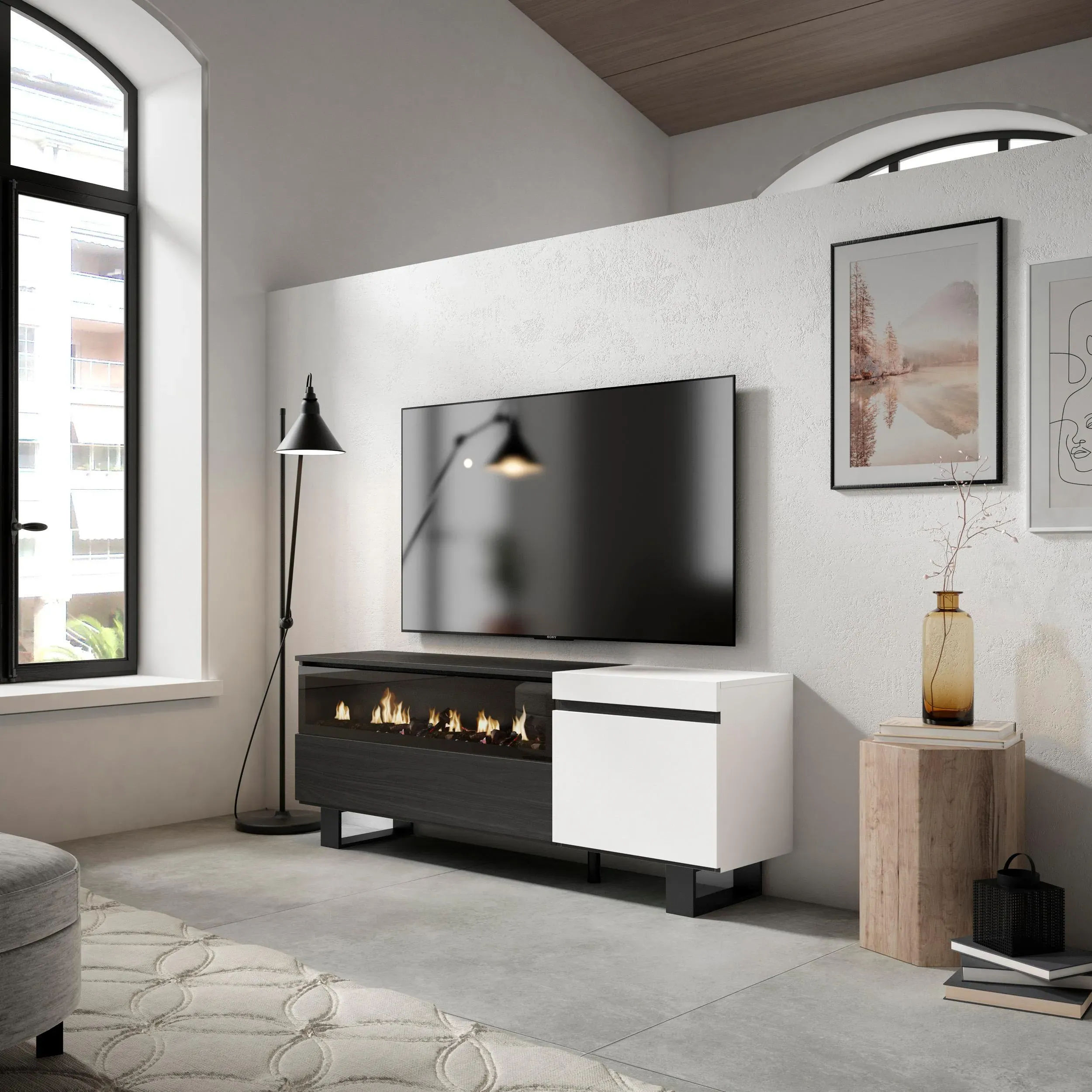 Illustration numéro 2 du produit Meuble tv effet bois blanc et noir 150x35x57cm cheminée effet feu