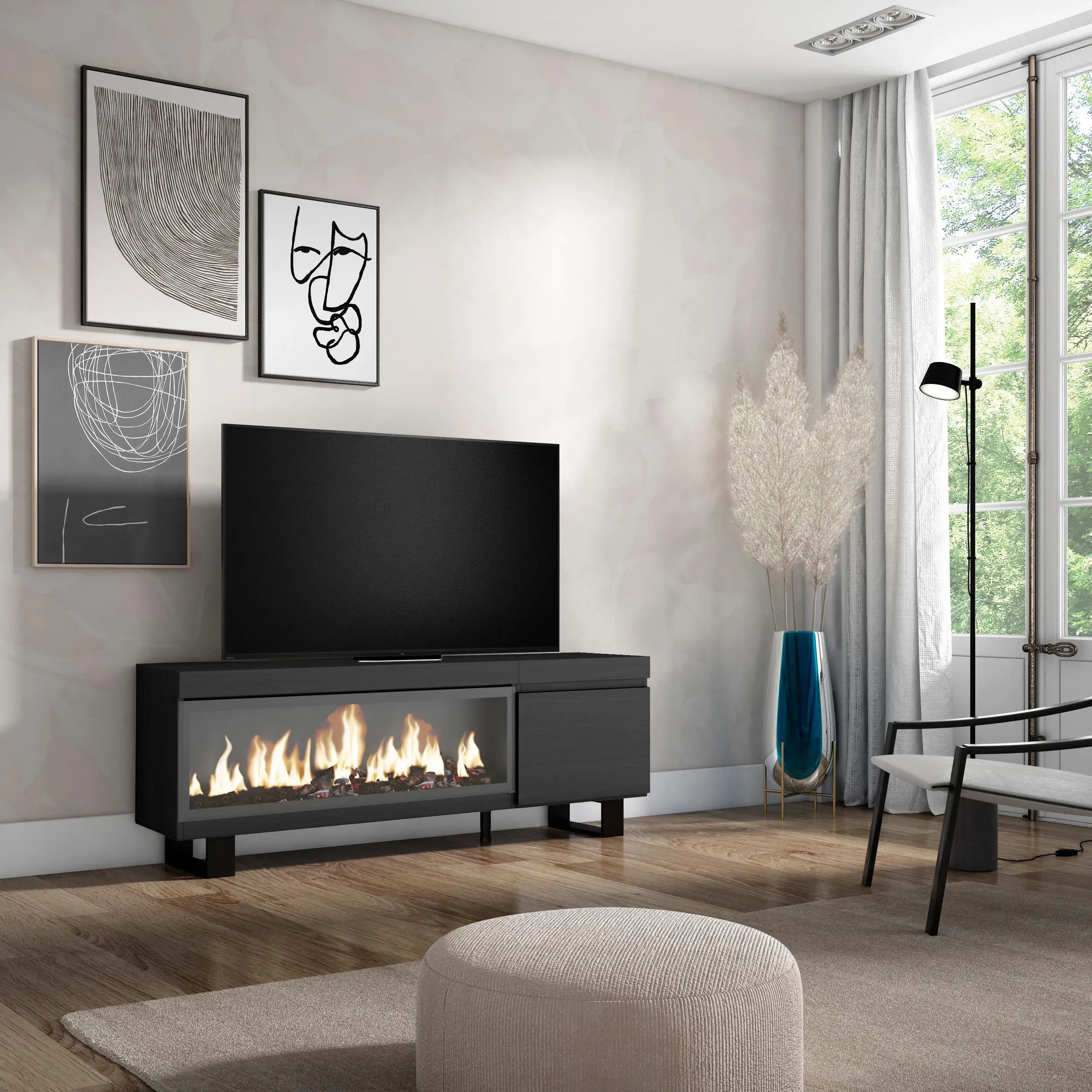 Illustration numéro 2 du produit Meuble tv effet bois noir 158x35x57cm cheminée effet feu XXL