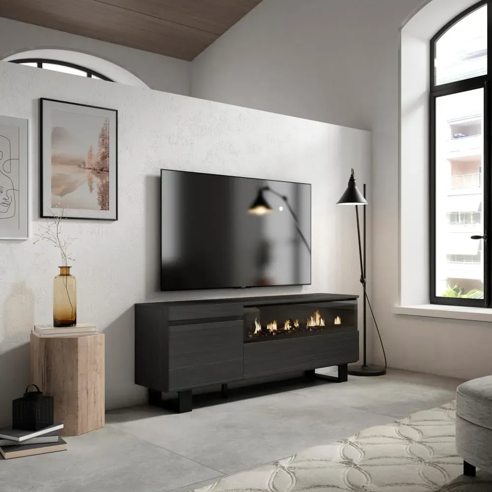 Illustration numéro 2 du produit Meuble tv effet bois noir 150x35x57cm cheminée effet feu